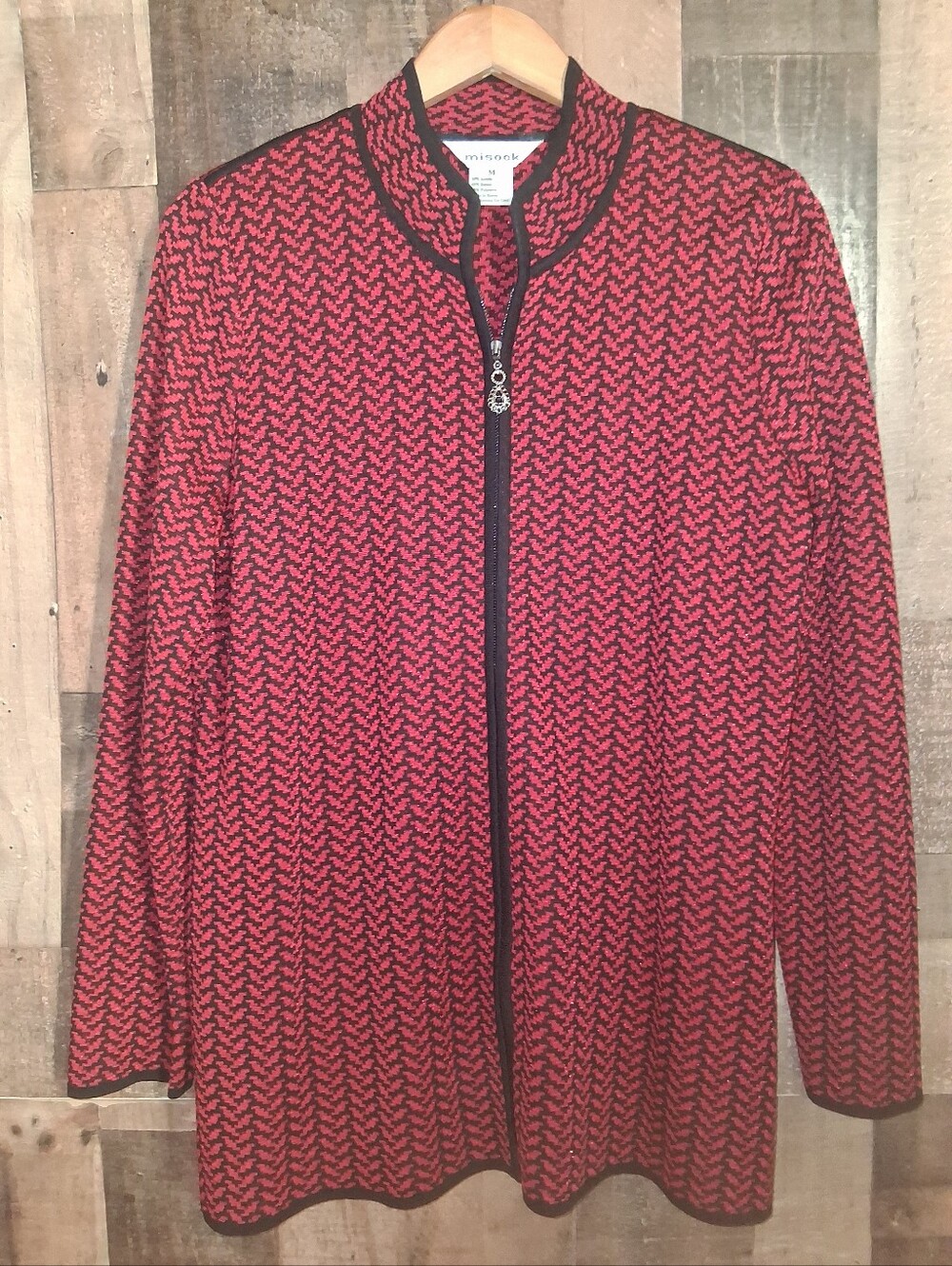 Exclusively Misook Jacket Medium Long Sleeve Career Blazer Red Black Chevron - Picture 2 of 7